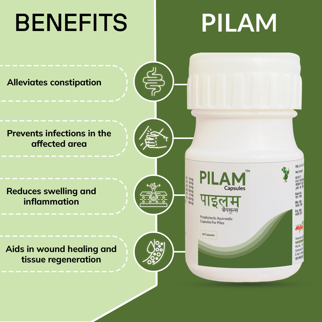 MPIL Pilam Capsules for Hemorrhoids , for Internal and External Piles | Natural Hemorrhoid Treatment | Swelling and Irritation | Fissure and Piles Care Relief