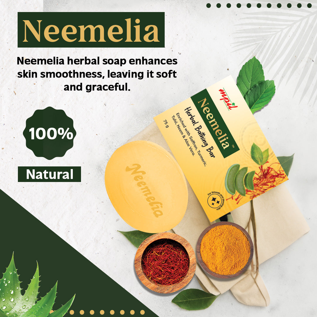 MPIL Neem Soap | Neemelia Herbal Bathing Bar | Soap | Pure Neem & Kesar Soap | For Acne Prone skin | Suitable for All Skin Types | 75 Grams