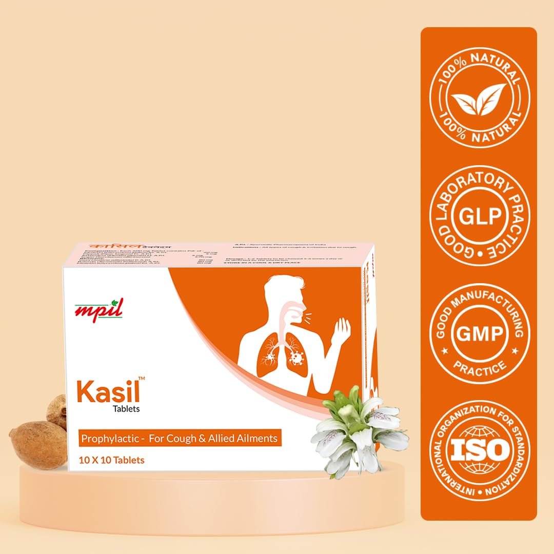 MPIL Kasil Tablet | Cough and cold Tablet | Bronchodilator & Antitussive | Ayurvedic Medicine for Cold and Cough (10 x 10)