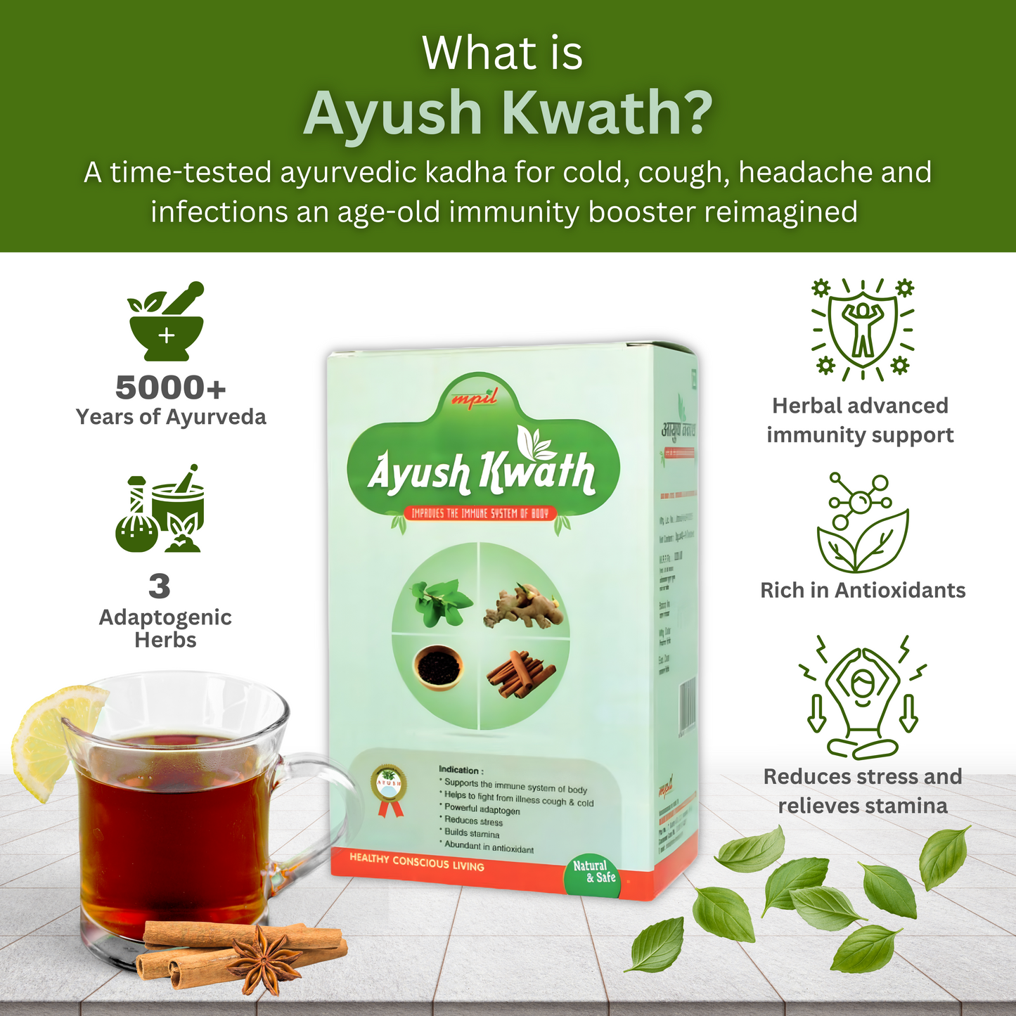 MPIL Ayush Kwath Herbal Tea | kara for cough and cold | Immunity Booster | Boost Metabolism |  Detox | Goodness of Amla, Giloy, Tulsi & Kali mirch | (48 Sachet Pack)